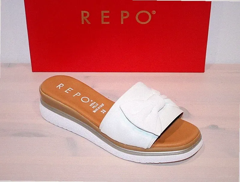 REPO Leder Sandale Keil-Pantolette Slipper Gerafft Weiss - Made in Italy - Neu !