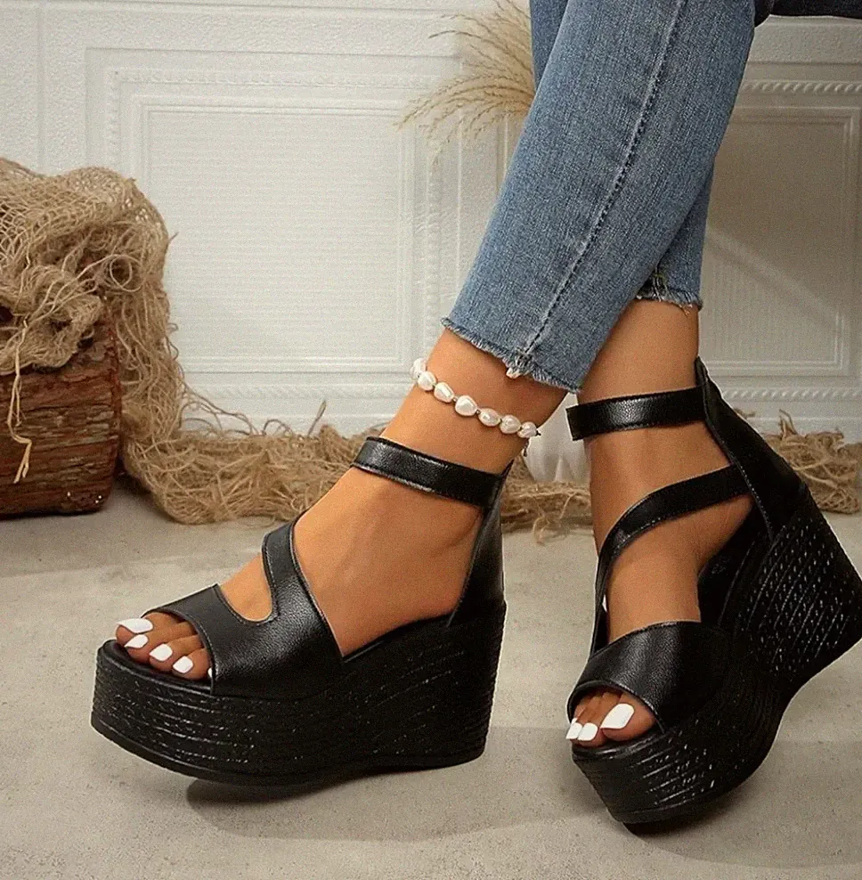 Retro Keilabsatz Sandaletten, Plateau High Heels Größe 36