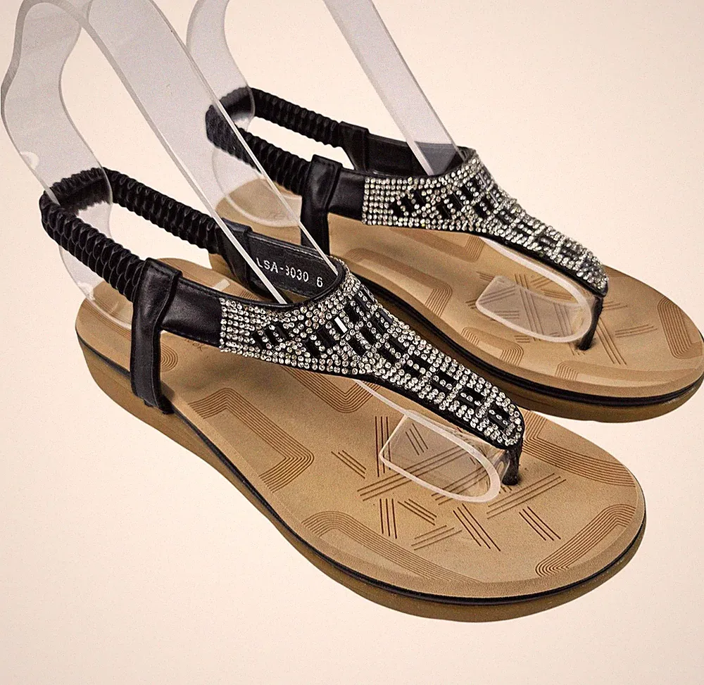 Reveal Sandalen Damen schwarz Strass Riemen Sommer Keilabsatz Slipper Größe UK 6 EU39