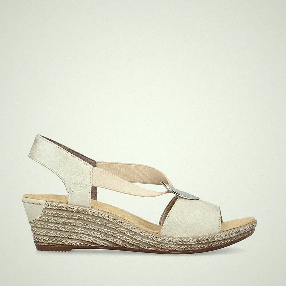 Rieker 624H6 Namur elegante weiche gold-beige Keilabsatz-Sandaletten mit V-Front
