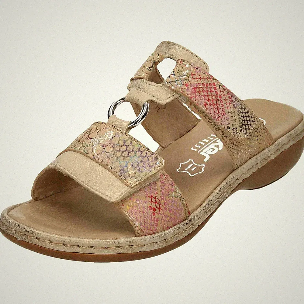 Rieker 659X6-90 Riemchen Leder Touch Verschluss bequeme Sandalen Metallic Pantoletten