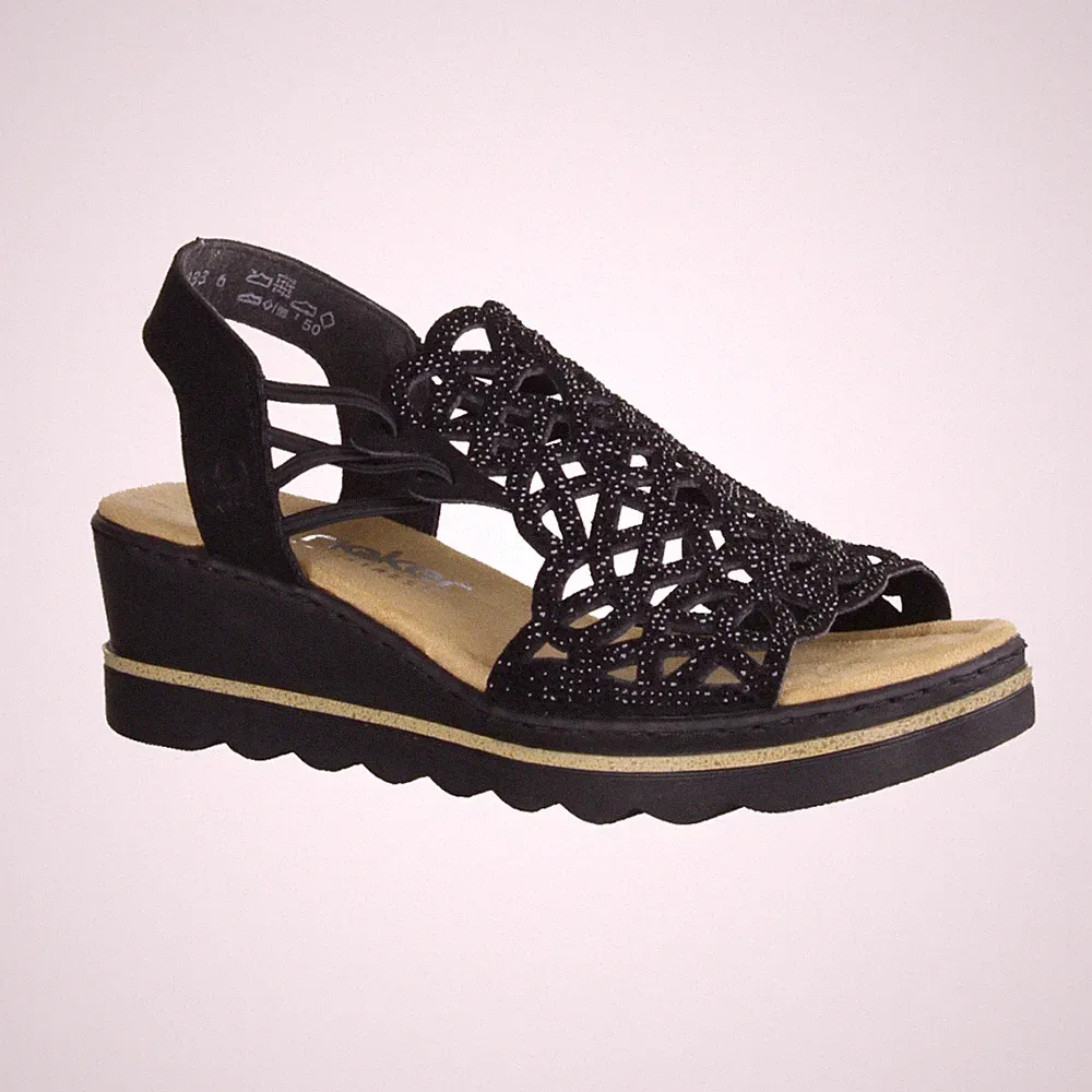 Rieker 67465-00 Keilsandalette, Damen, Textil/Synthetik, Schwarz, Sandalen