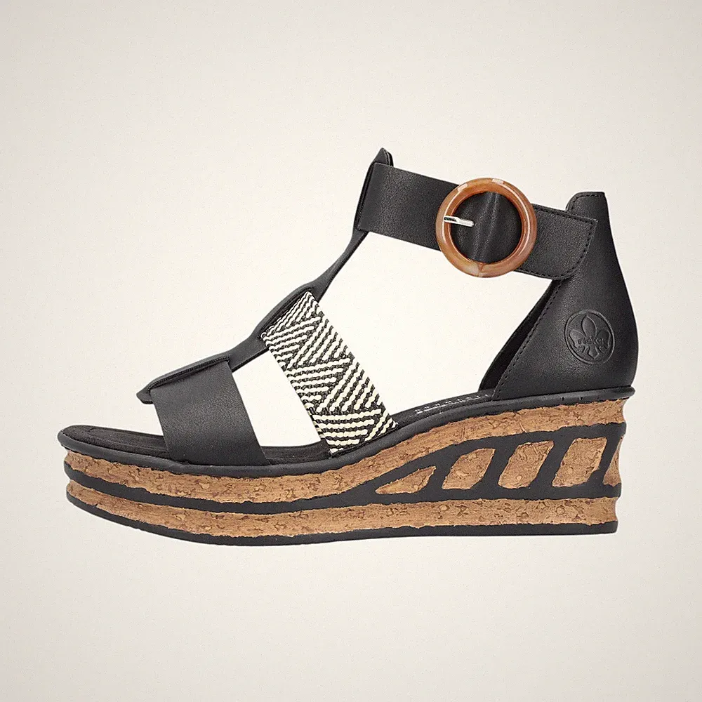 Rieker 6818200 681 Damenschuhe Sandalen Hoch Keilsandalette Schwarz Freizeit