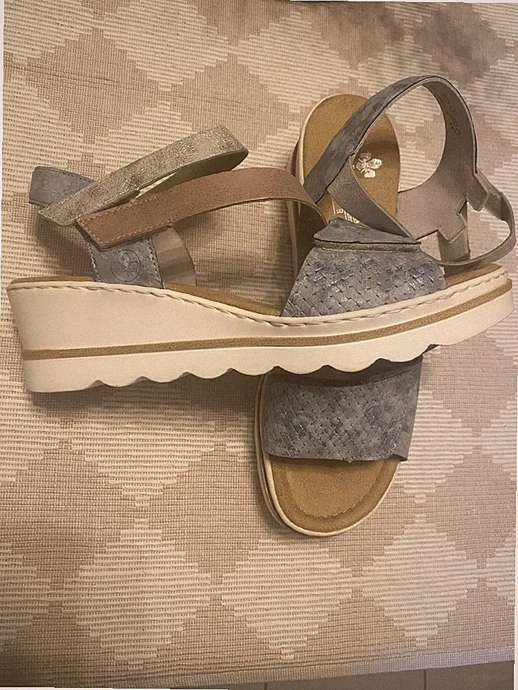 RIEKER ANTISTRESS Keil-Sandalette 40 Plateau Klett Blau/Rosegold Lederimitat