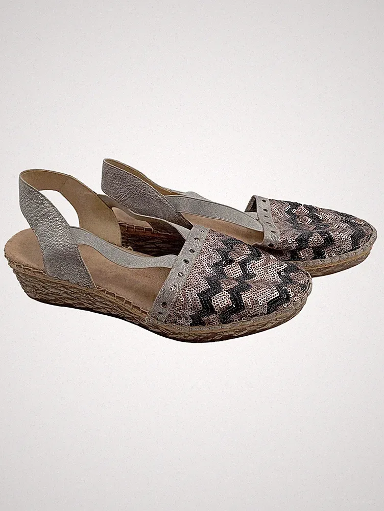 Rieker Damen Espadrilles Pailletten Silber Rosé Keilabsatz Gr. 40