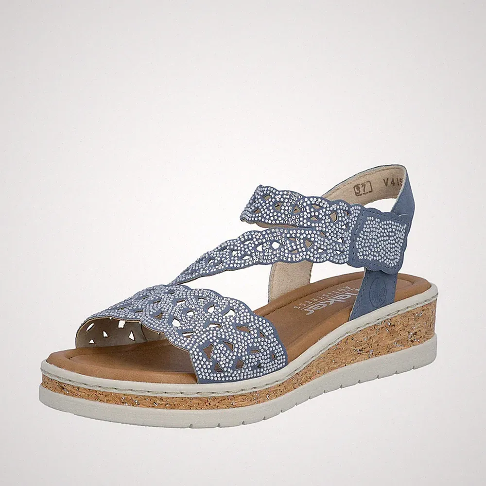 Rieker Damen Keil Sandale mit Strass und sommerlichen Cut-Outs V4150