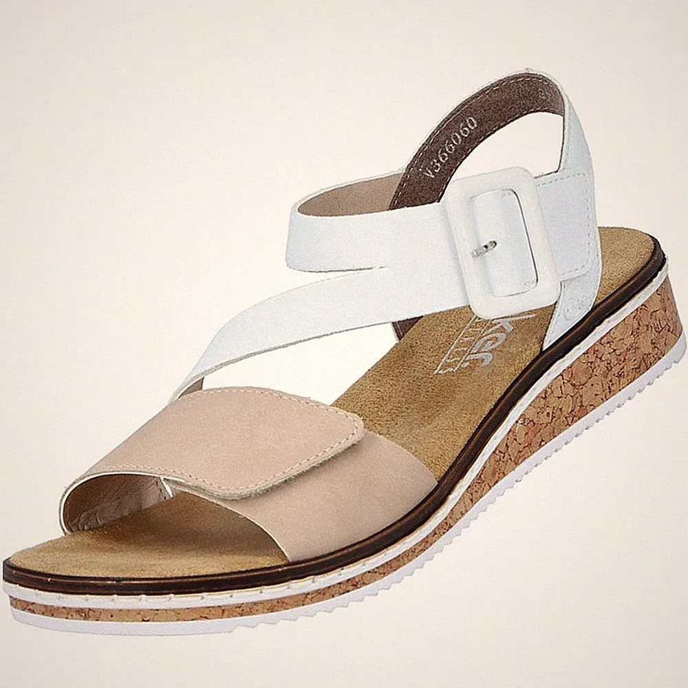 Rieker Damen Keil-Sandale Sandalette Weiß Beige V3660-60