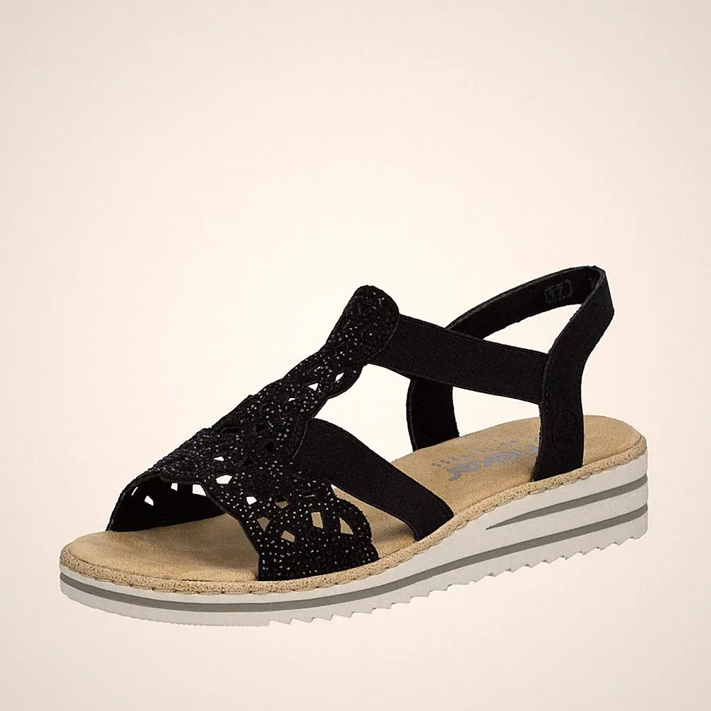 Rieker Damen Keil Sandale T-Riemen mit Strass und Cut-Outs V0646