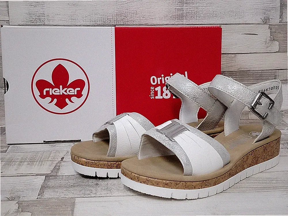 Rieker Damen Keil-Sandale weiß/silber mit Klettverschluss, Korkimitat Sohle