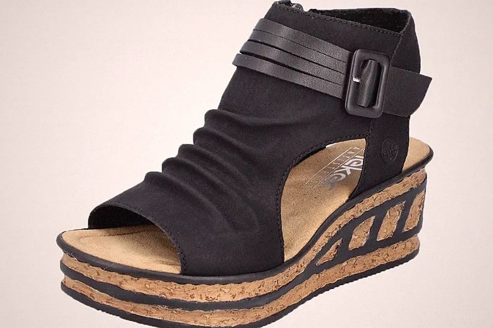 Rieker Damen Keilsandale Schwarz Sandaletten Sommer Schuhe Keilabsatz 68191-00