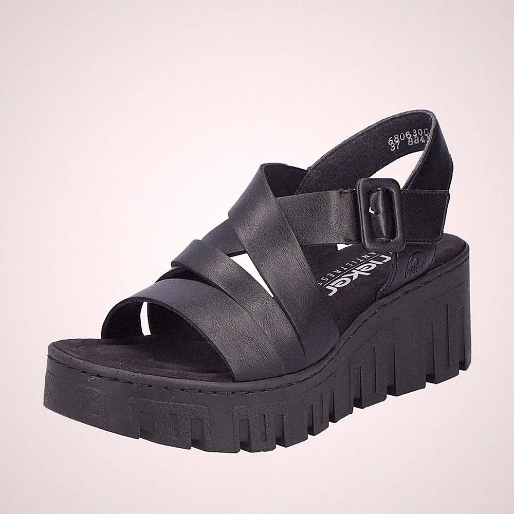 Rieker Damen Keilsandalette mit Plateau und gekreuzten Riemchen 68063