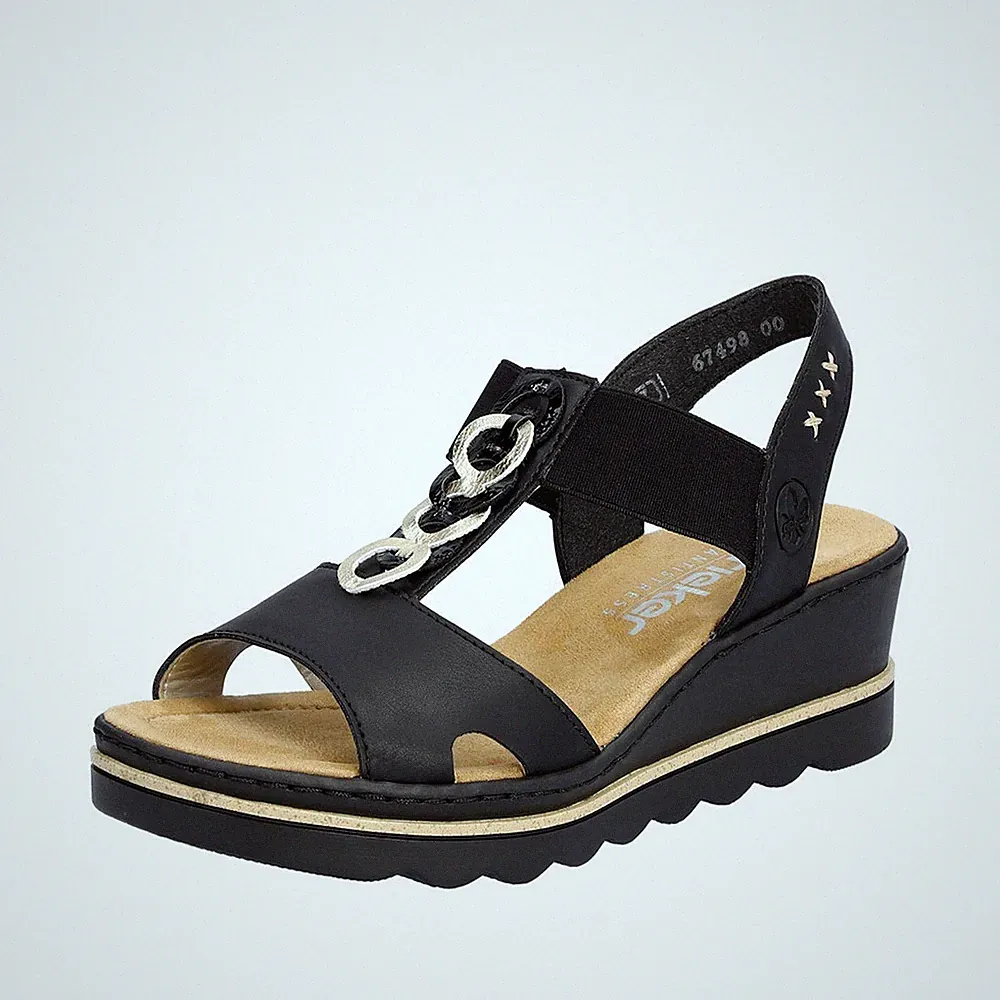 Rieker Damen Keilsandalette mit T-Riemen und einem Gummizug 67498