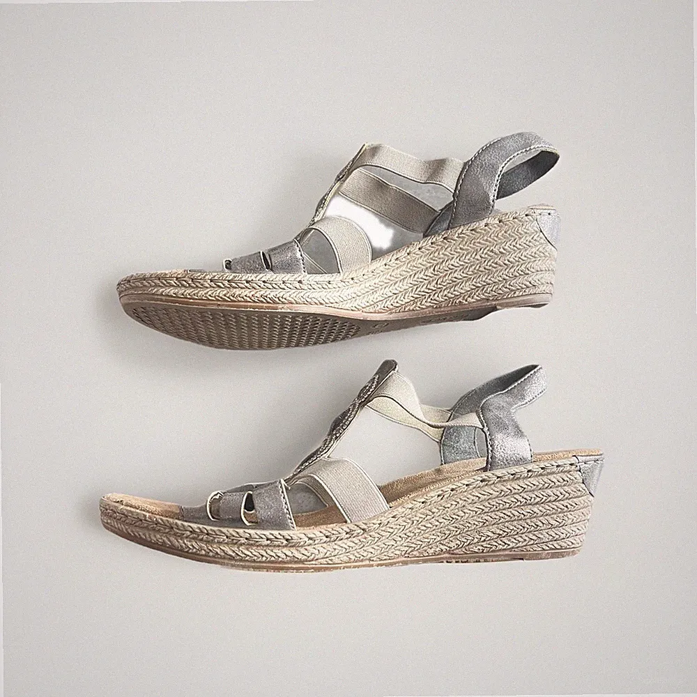 Rieker Damen Keilsandaletten Sandalen Bast Keilabsatz Silber Grau Größe 40
