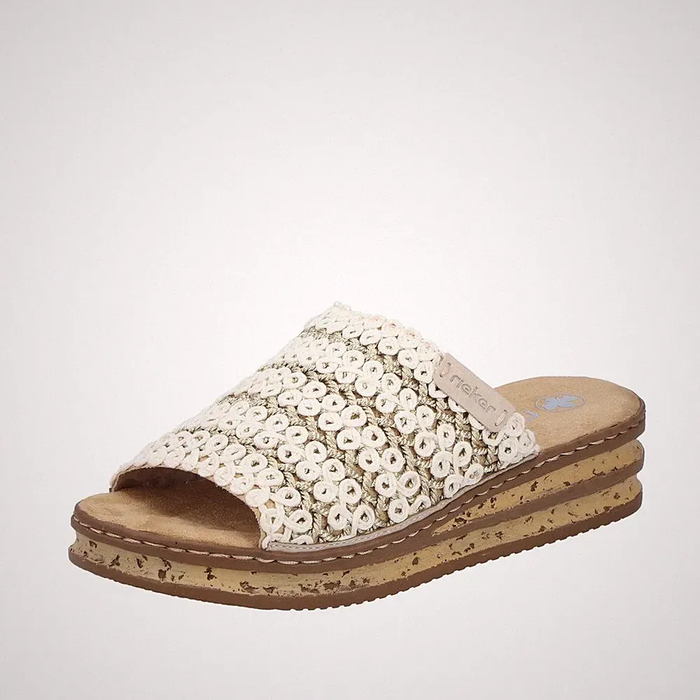 RIEKER Damen Pantolette beige gold 629X8-60 Flechtung weiches Fußbett
