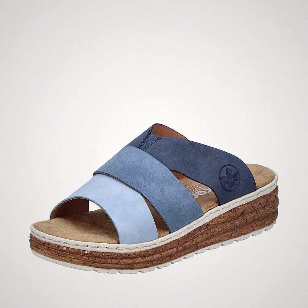RIEKER Damen Pantolette blau 62780-12 Keilsohle weiche Innensohle Korkoptik