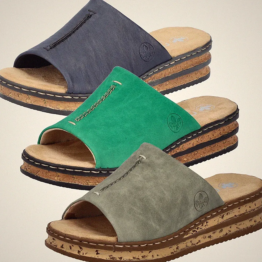 Rieker Damen Pantolette breiter Riemen Keilabsatz Kork 62905