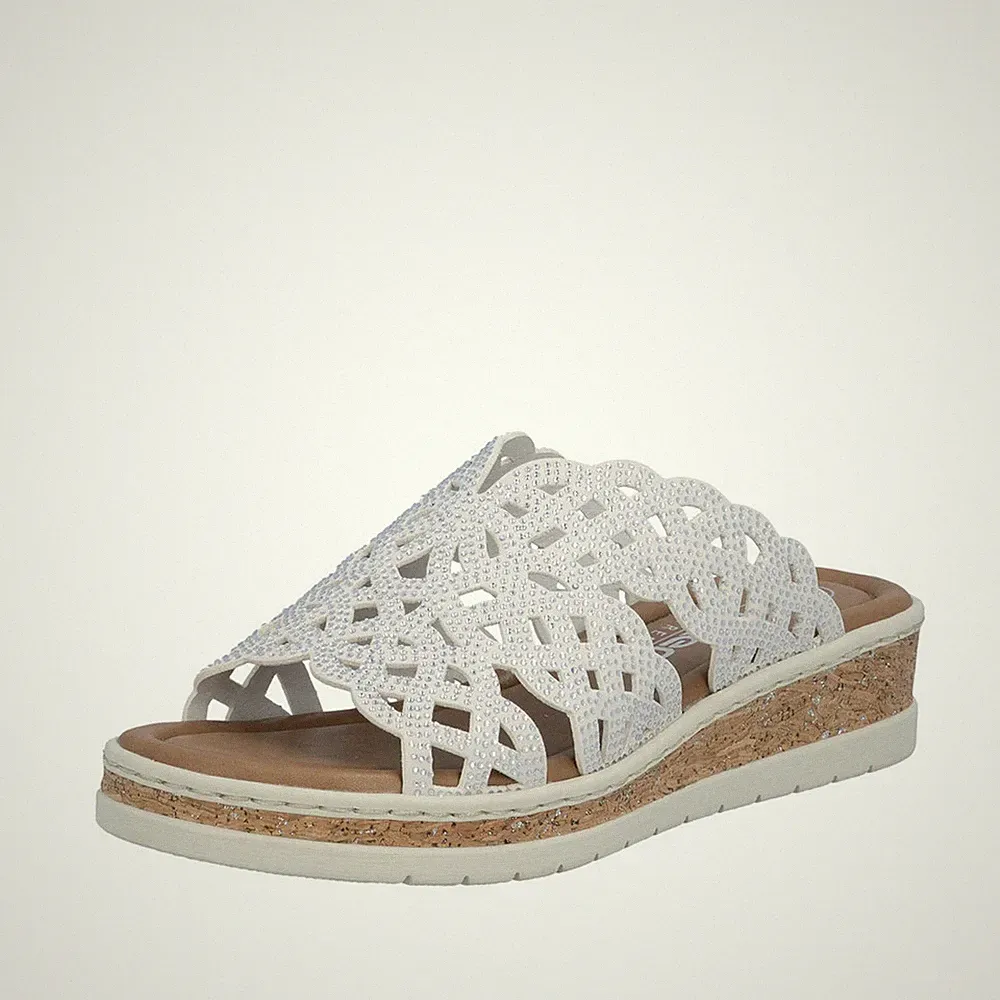 Rieker Damen Pantolette mit Strass und Keilabsatz in Korkoptik V4189