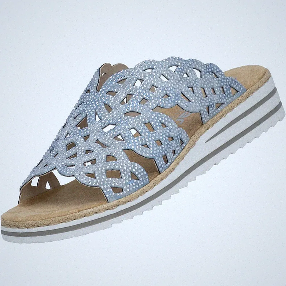 Rieker Damen Pantolette Sandale Blau V0689-12 Komfort Strass Keilabsatz