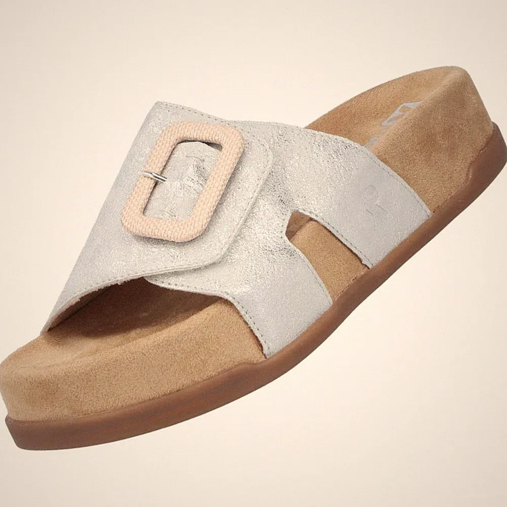 Rieker Damen Pantolette Sandale Silber V4053-40 Komfort Plateau Clog