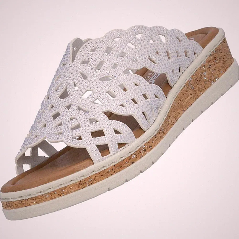 Rieker Damen Pantolette Sandale Weiß V4189-80 Komfortweite Keilabsatz Strass