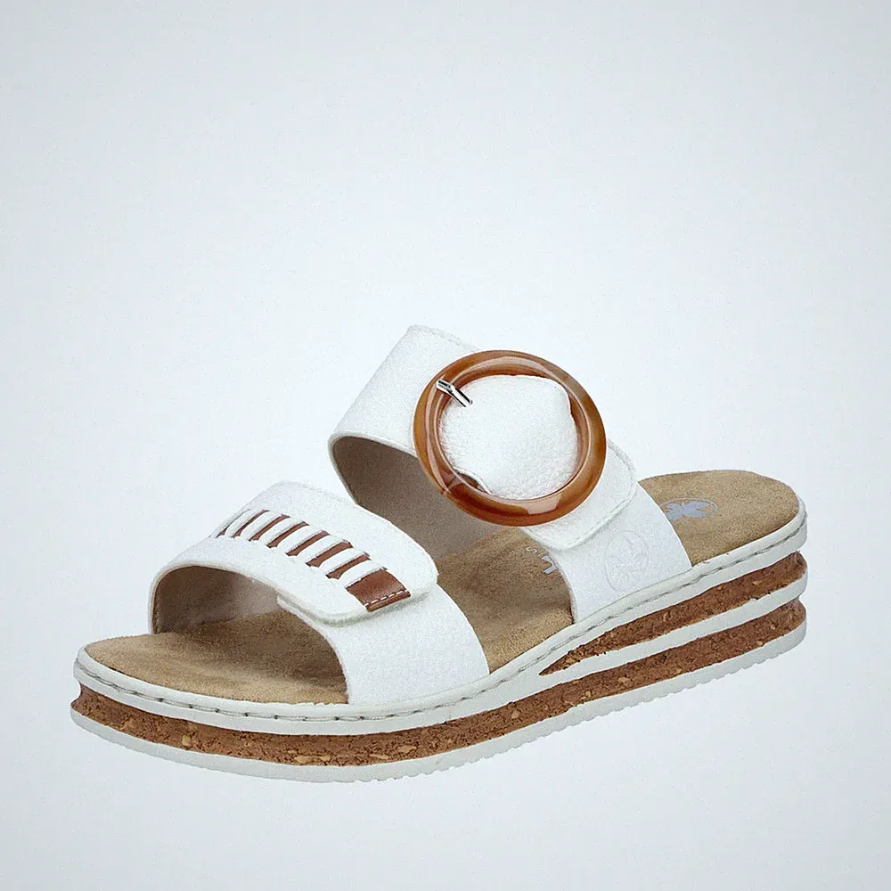 Rieker Damen Pantolette schmal mit großer runder Schnalle und Keilabsatz 62993