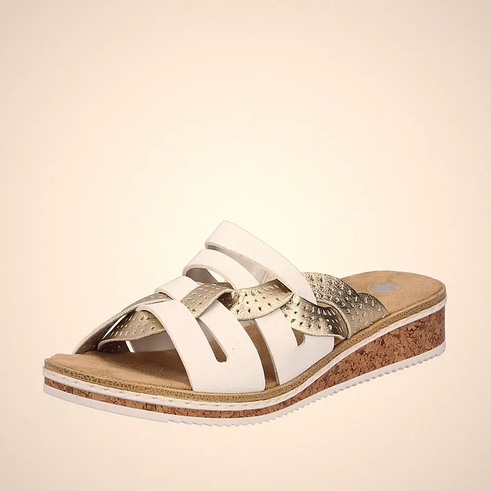 Rieker Damen Pantolette weiß gold bequem Keilabsatz Gummiband Flechtmuster V3678