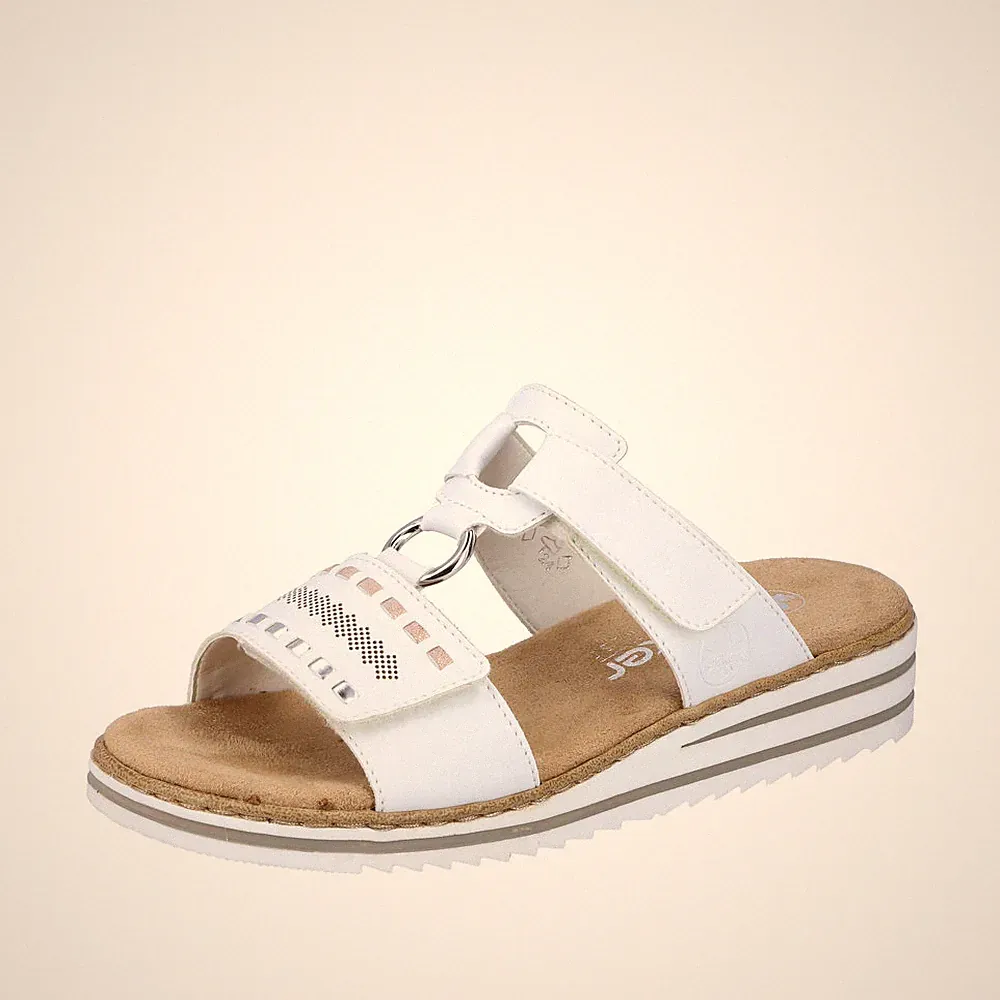RIEKER Damen Pantolette weiß V0636-80 bequem Klettverschluss Sommersandale
