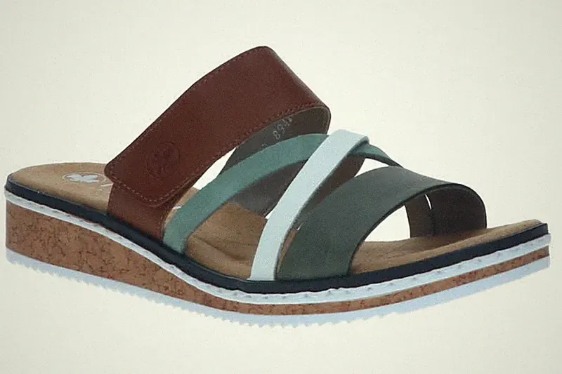 Rieker Damen Pantoletten V3652-91 olive/offwhite/mint/ Grün