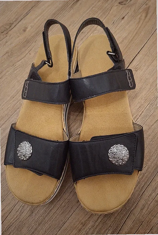 Rieker Damen Riemchen-Sandalen Leder Keilabsatz Plateau Strass schwarz/beige 40