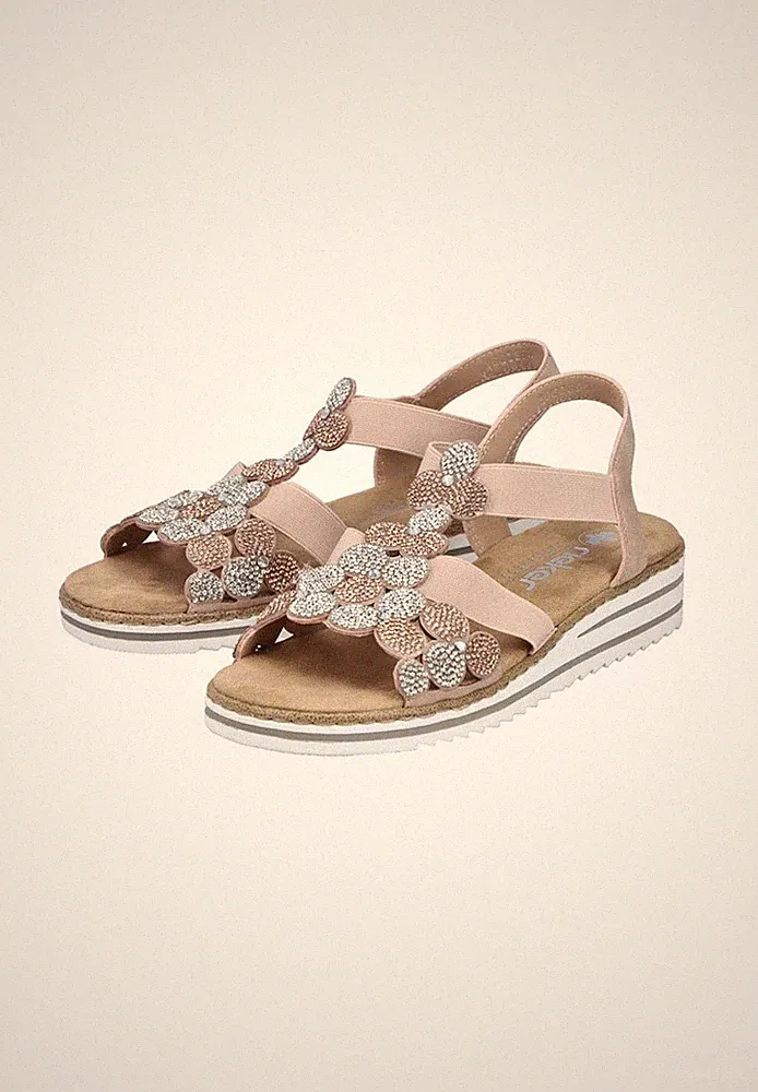 Rieker Damen Riemchensandalen V0613-90 Frauen Sandale Keilabsatz Rosa