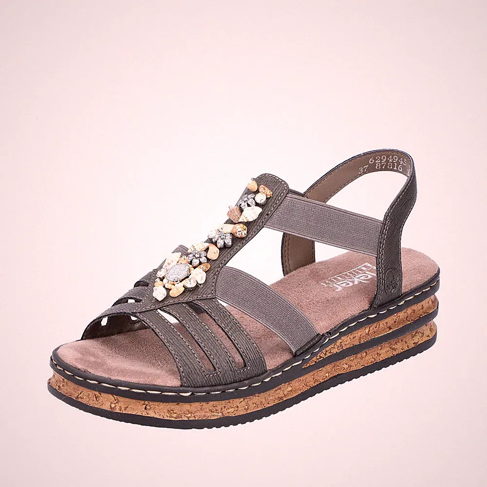 RIEKER Damen Sandale grau 62949-45 bequem Keilabsatz weiches Fußbett REDUZIERT!