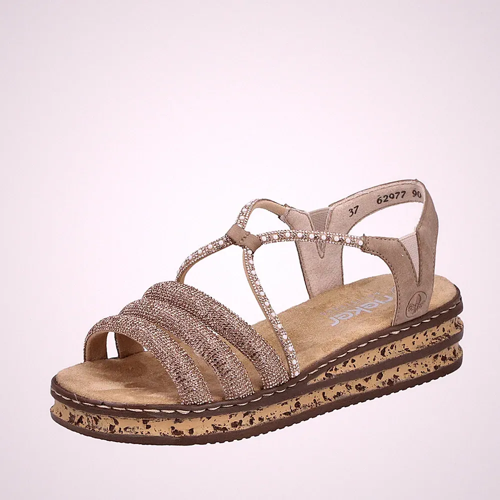 Rieker Damen Sandale mit Keilabsatz Perlen und Strassbesatz 62977