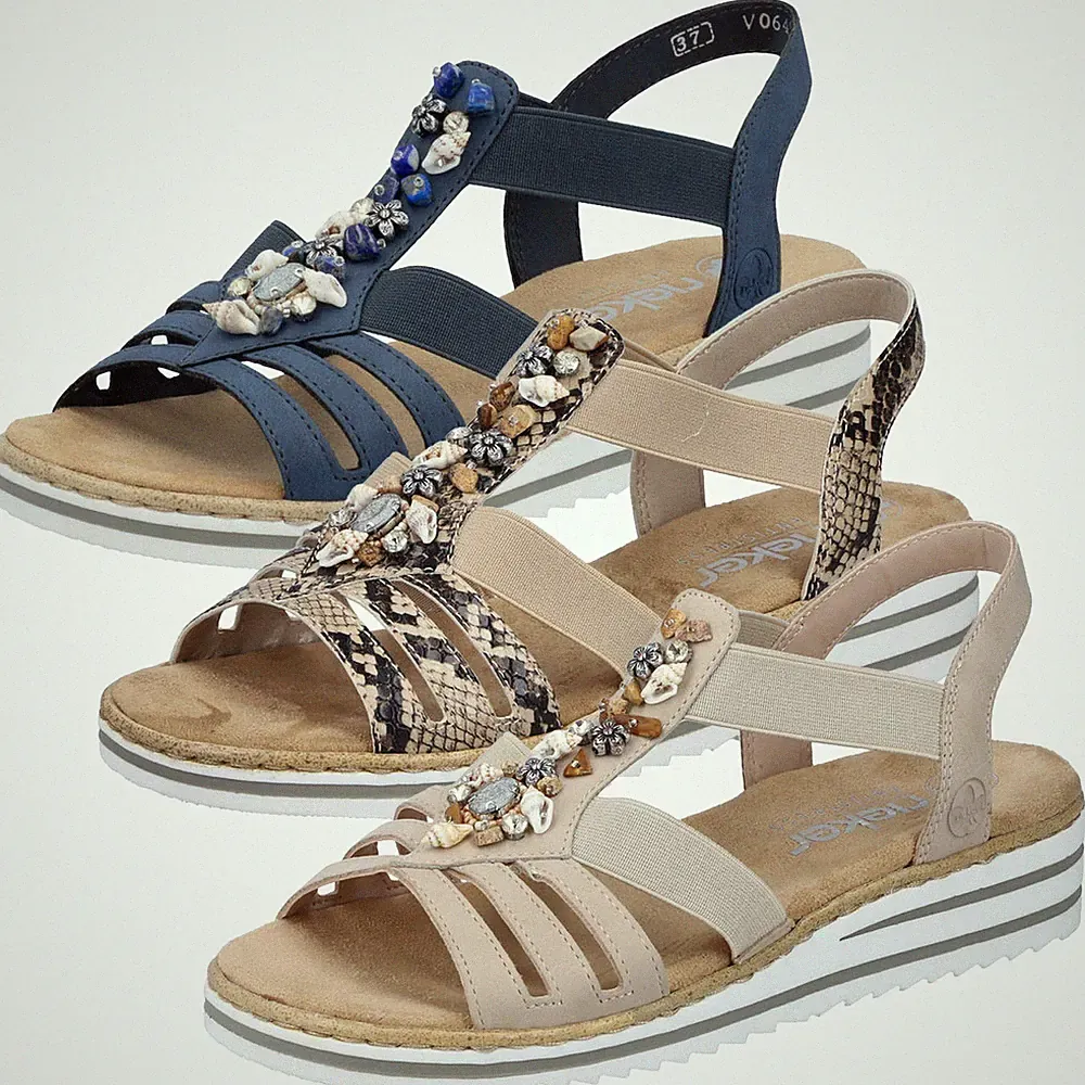 Rieker Damen Sandale mit T-Riemen und maritimem Dekor mit Muscheln V0649