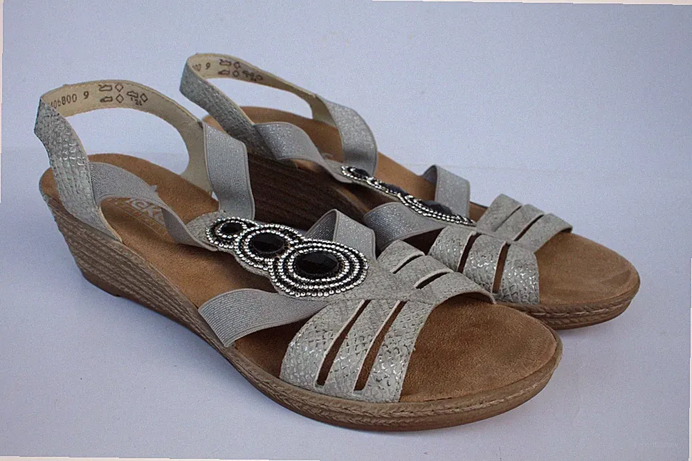 Rieker Damen Sandale Pantolette mit Gummizug Beige/Silbergrau 41