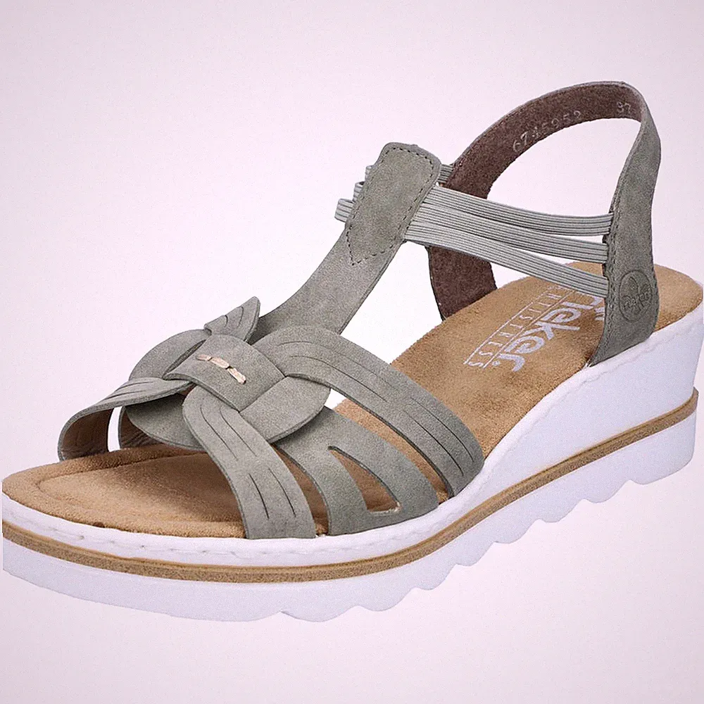 Rieker Damen Sandale Plateau Sandalette T-Riemen Keilabsatz Stretch 67459