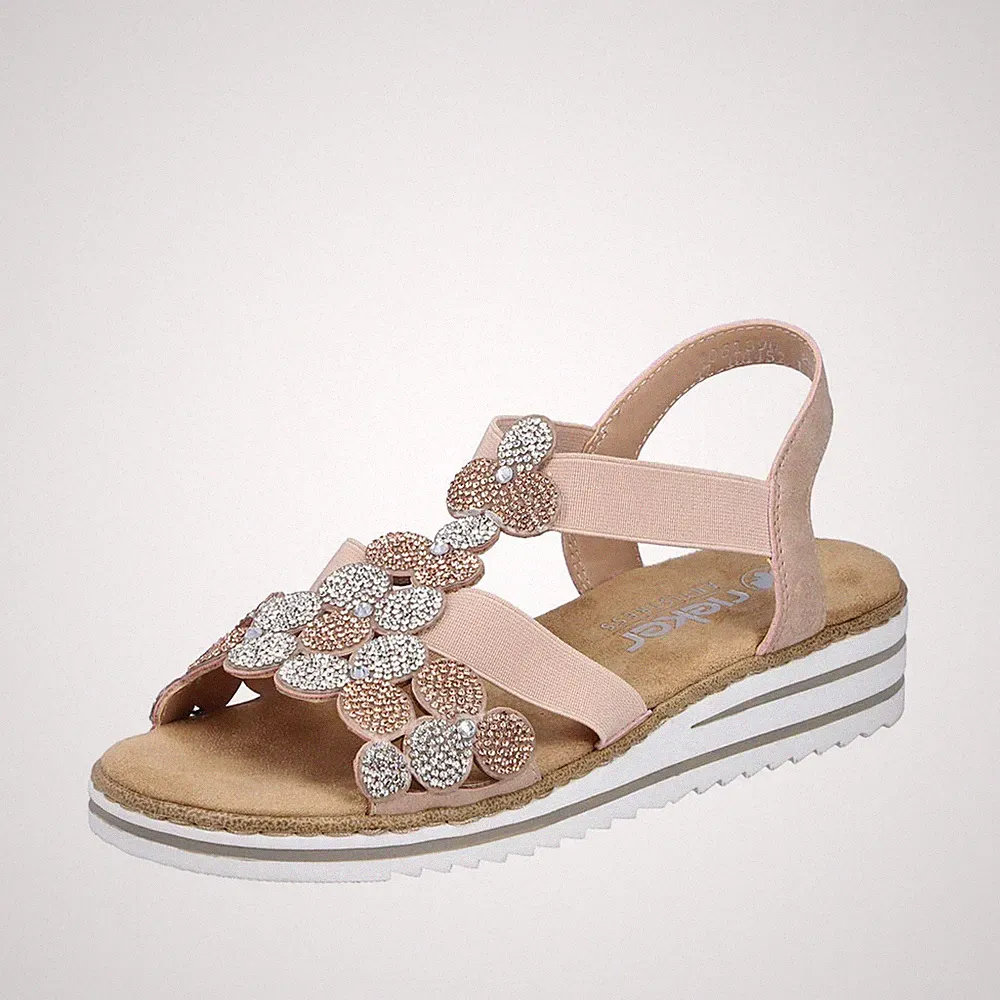 Rieker Damen Sandale schmal geschnitten T-Riemen mit Strass V0613