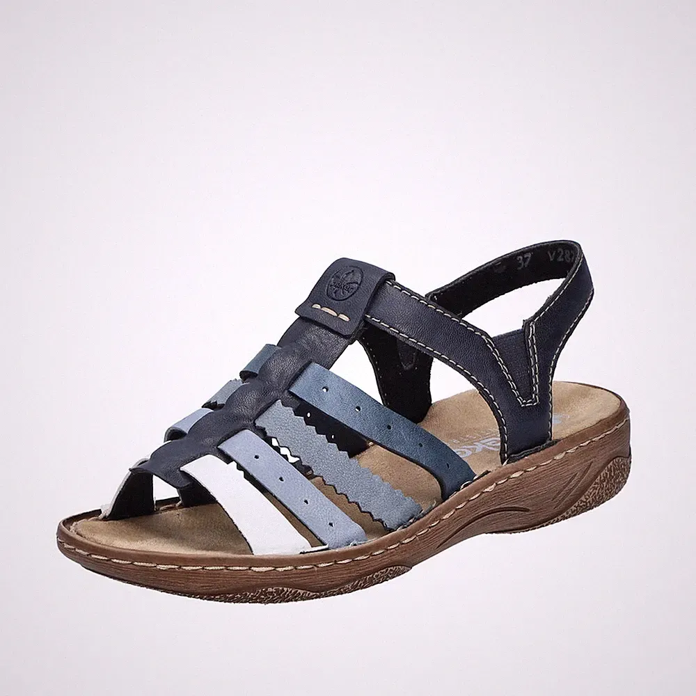 Rieker Damen Sandale schmal weich flexibel blautöne Gummizug RIRICON-Sohle V2875