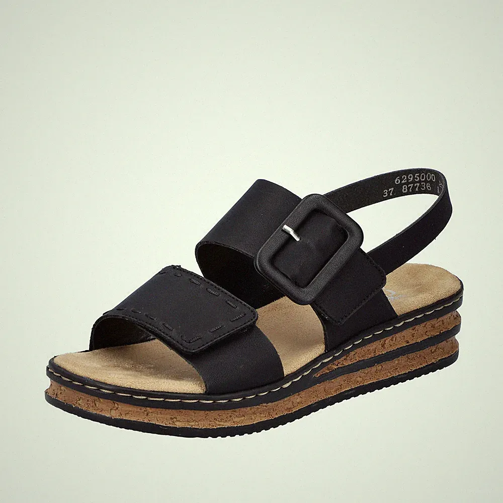 RIEKER Damen Sandale schwarz 62950-00 bequem mit Keilabsatz und Klettverschluss