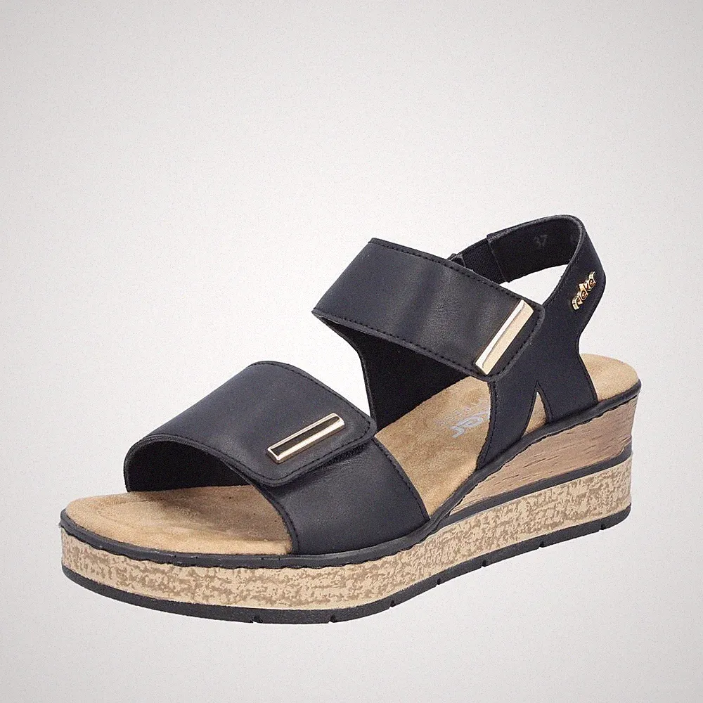 RIEKER Damen Sandale schwarz 63781-00 Klettverschluss bequem Keilabsatz