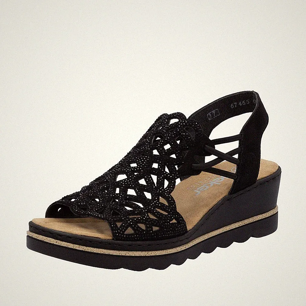 RIEKER Damen Sandale schwarz 67465-00 mit Glitzer bequem Keilabsatz Gummizug