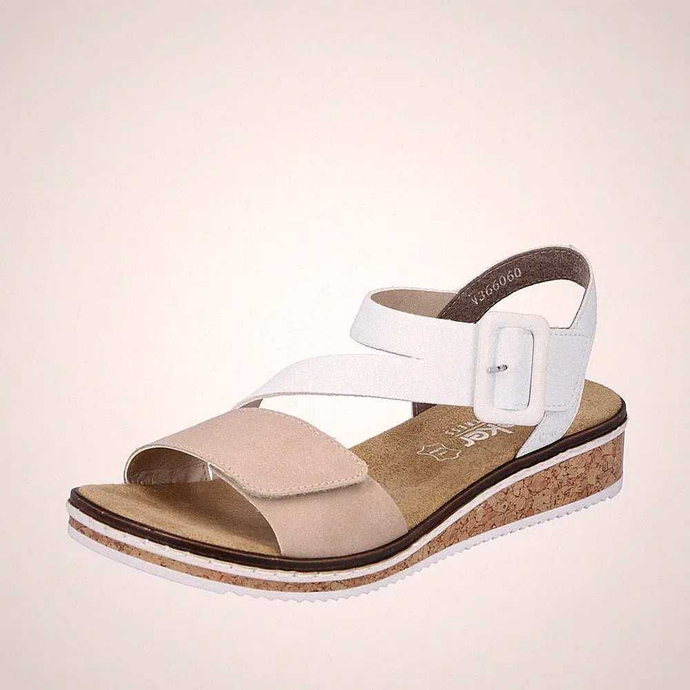 RIEKER Damen Sandale weiß beige V3660-60 mit Klettverschluss weiches Fußbett