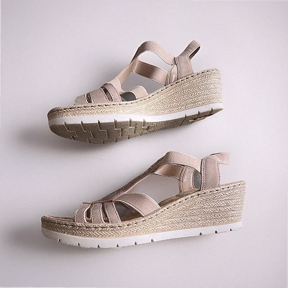 Rieker Damen Sandalen Beige Größe 40 Keilsandaletten Keilabsatz Plateau Sommer