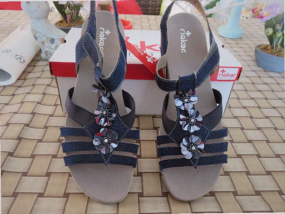 Rieker Damen Sandalen, Blau mit Keilabsatz, Gr. 41 Neuwertig