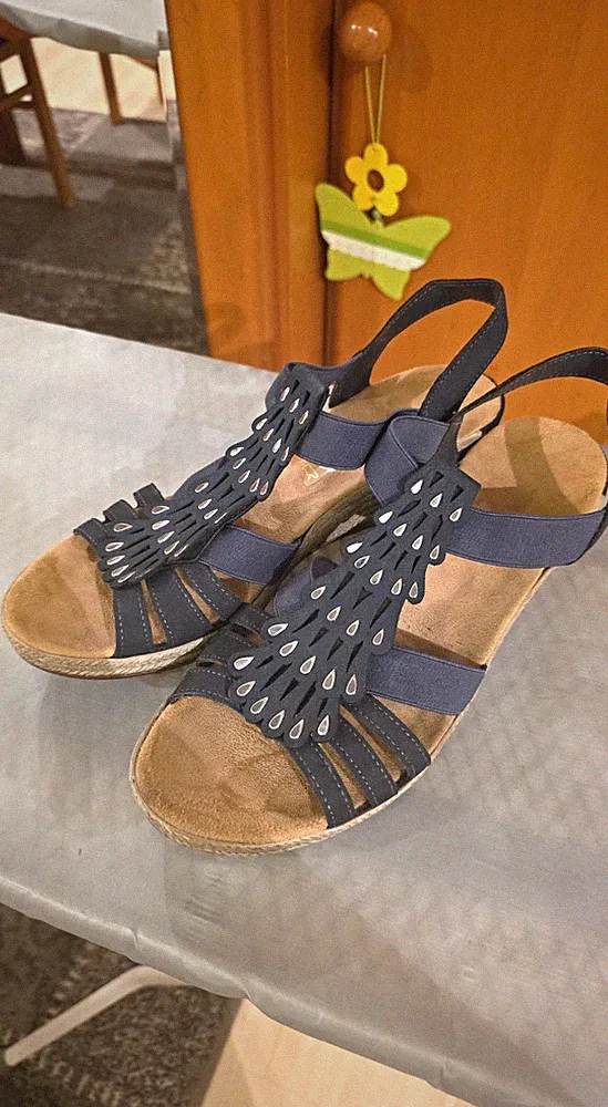 Rieker Damen Sandalen blau Riemchen Keilabsatz mittel Nieten Slip-On EU 40