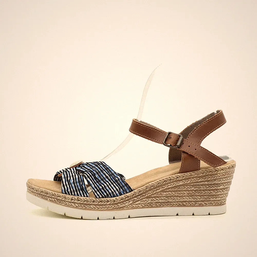Rieker Damen Sandalen EU 38 Keilabsatz Sandale Blau Braun Leicht Komfort Keil