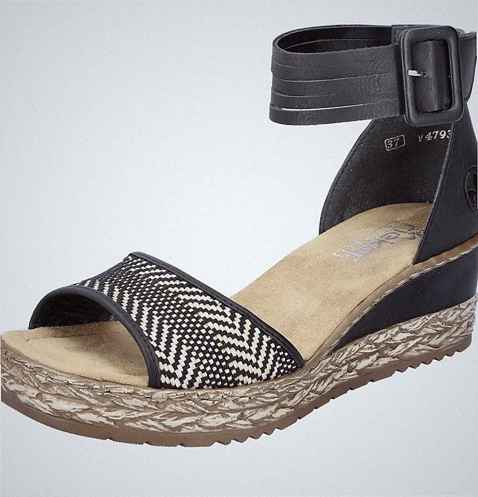 Rieker Damen Sandalen EU 38 Schwarz/Beige Leder Riemchen Keilabsatz Zickzack