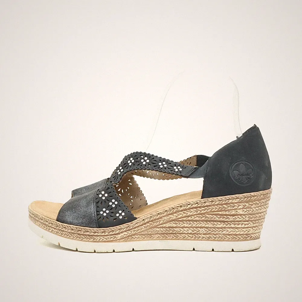 Rieker Damen Sandalen EU 39 Keilabsatz Blümchen Sandale Blau Sommer Komfort