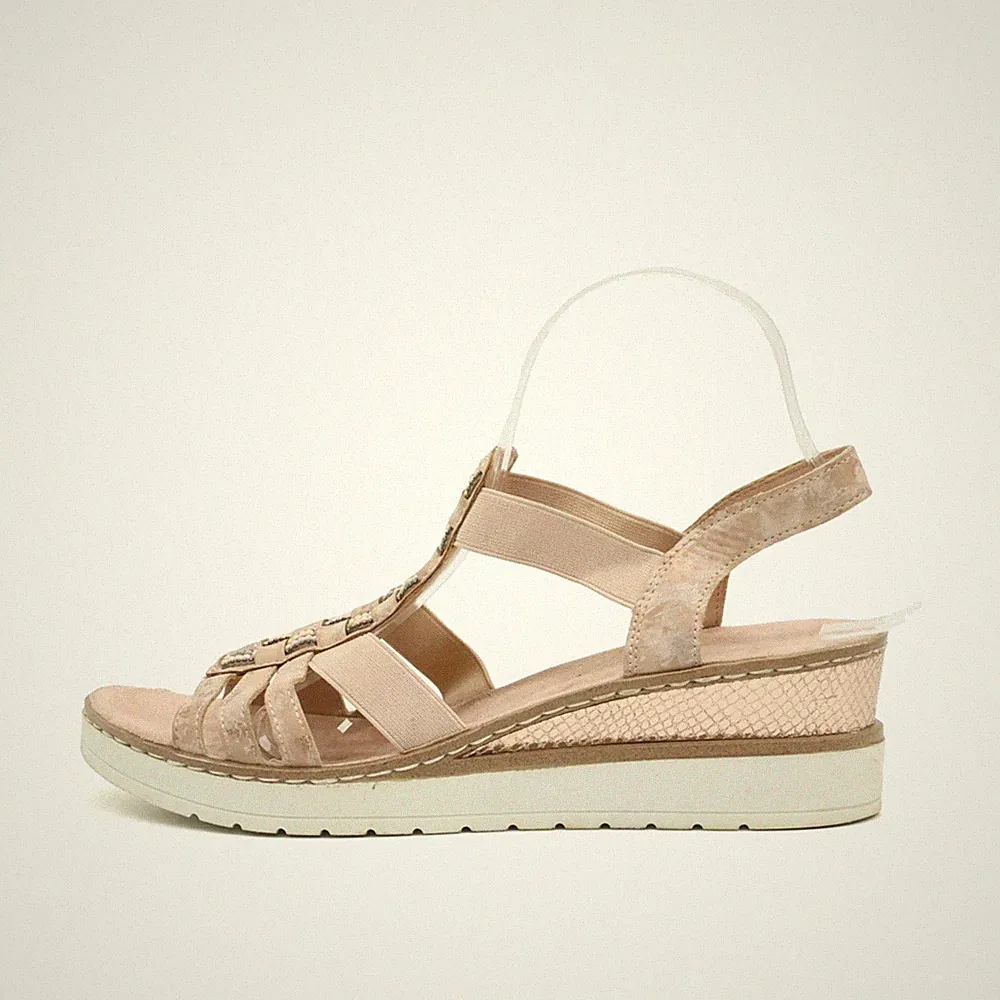 Rieker Damen Sandalen EU 40 Keilabsatz Stretch Beige Synthetik Komfort