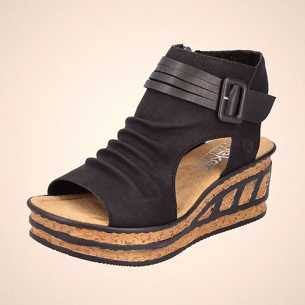 Rieker Damen Sandalette Hochfront Schaftsandale Keilabsatz Reißverschluss 68191