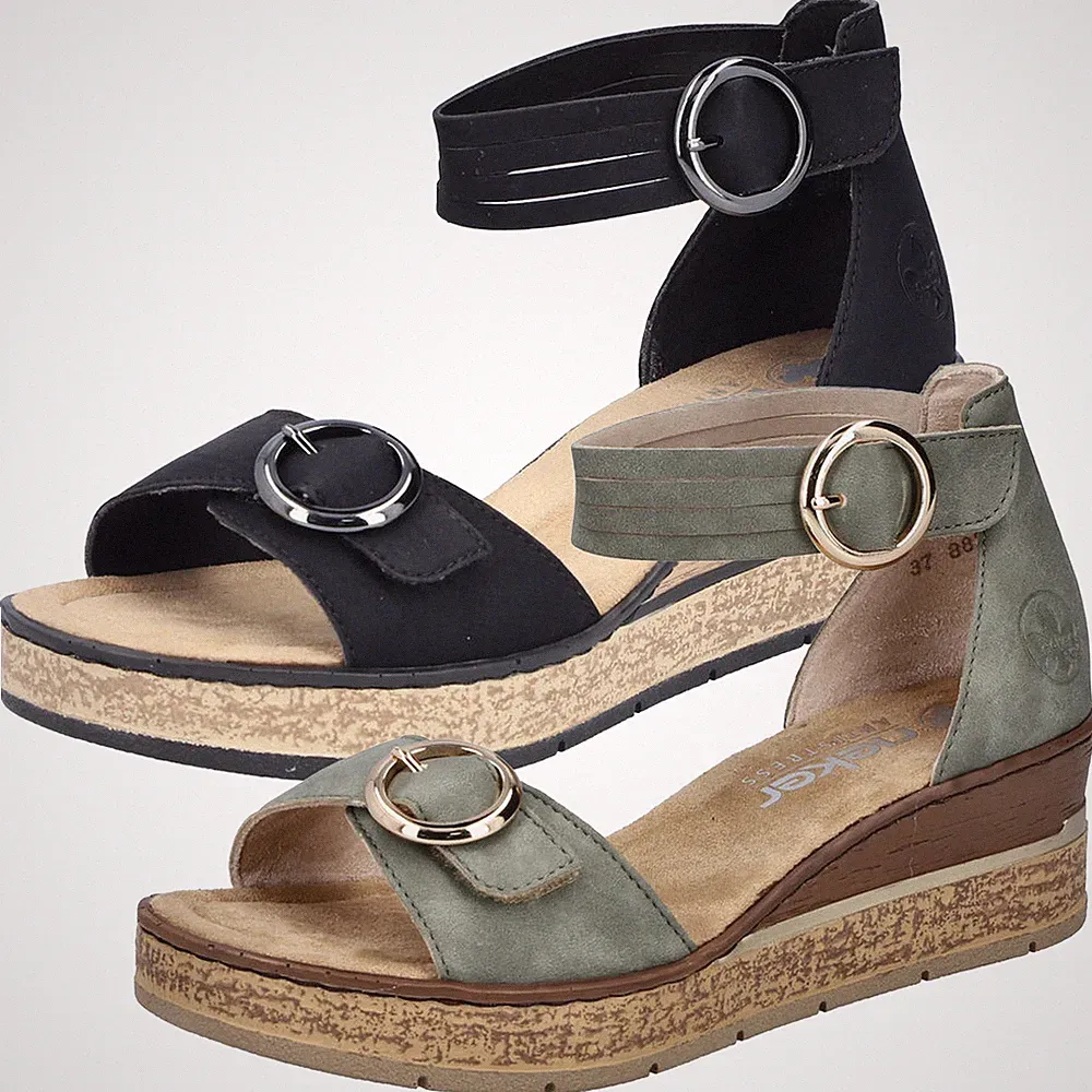 Rieker Damen Sandalette mit Fesselriemen und Keilabsatz 63780